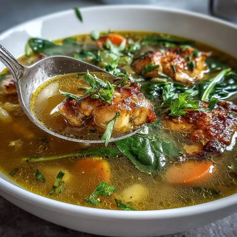 A steaming bowl of golden Turmeric Chicken Soup garnished with fresh parsley, featuring tender chicken and vibrant spinach leaves.  