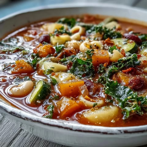 Homemade Winter Minestrone Soup served with crusty bread for dipping.