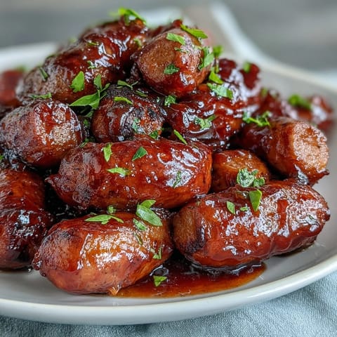 Toothpick-ready Crock Pot BBQ Cocktail Sausage bites served warm on a platter with dill pickle chips. 
