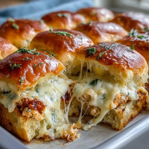 A close-up view of freshly baked Pizza Dip Sliders, showing gooey cheese pull and herbs atop warm, buttery slider buns.  