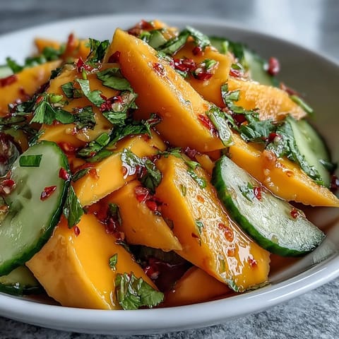 Bright, colorful strips of ripe mango mix with crisp red bell pepper, cucumber, and red onion in a shallow serving bowl. The salad is lightly tossed in a tangy lime-honey dressing and flecked with fresh cilantro and thin slices of red chili. Fresh lime wedges rest nearby, ready for squeezing over this refreshing, gluten-free lunch. 
