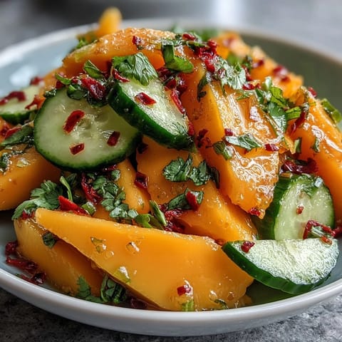 Fresh mango ribbons and vibrant vegetable slices are arranged in a white ceramic bowl. A drizzle of glossy, citrusy lime dressing coats the ingredients, highlighting glistening mango and specks of chili and cilantro. A small spoon lifts a portion, showing off the juicy texture and bright, sweet-tangy colors of the dish. 