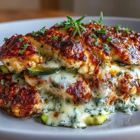 Serving suggestion for High Protein Chicken Zucchini Bake, plated with fresh basil and a side salad for a low carb dinner.