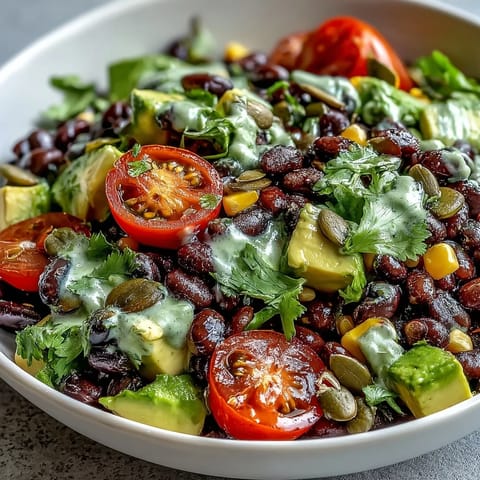 Colorful Black Bean and Veggie Bowl featuring black beans, sweet corn, and juicy tomatoes, garnished with avocado, red onion, and cilantro.