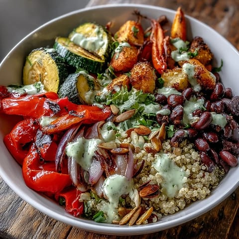 Crunchy nuts and seeds garnish a hearty Veggie and Quinoa Power Bowl, served fresh with colorful roasted vegetables and vinaigrette.