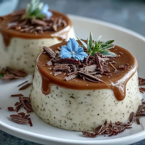 Creamy Hojicha Panna Cotta dessert in glass ramekins, topped with edible flowers.