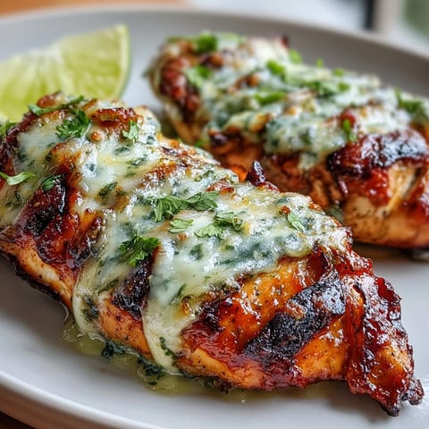 Smoky grilled chicken topped with creamy pepper Jack cheese and vibrant salsa verde.