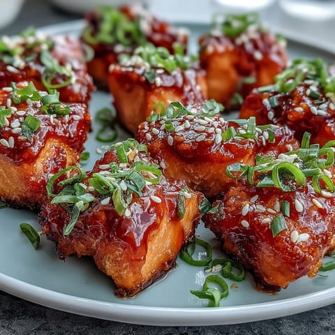 Sizzling freshly seared Bang Bang Salmon Bites tossed in sweet and spicy sauce.