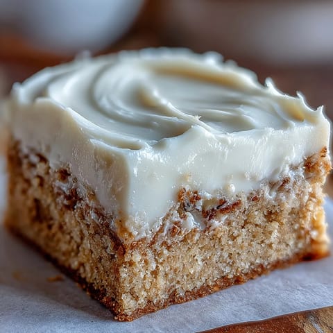 A close-up of chewy Almond Flour Sugar Cookie Bars with a smooth, rich frosting layer.