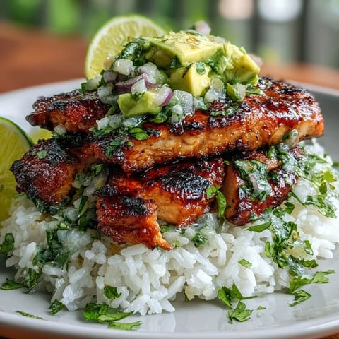 Citrus-marinated chicken and avocado rice stack garnished with fresh cilantro and a bright lime wedge on a white plate.