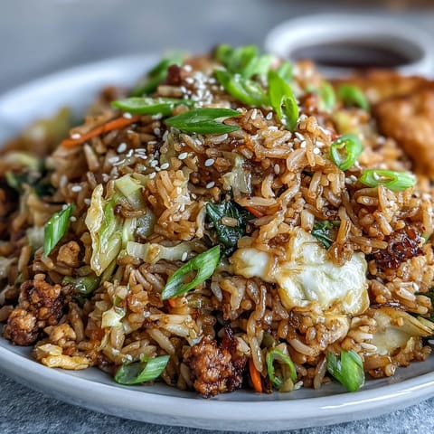 Close-up of Crispy Chicken Fried Rice with Egg Roll Flavors, featuring golden minced chicken and crunchy cabbage.
