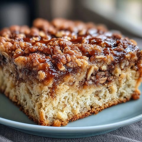 Golden-brown High-Protein Cinnamon Swirl Coffee Cake Oats fresh from the oven, featuring a hearty crumble topping and warm cinnamon aroma.