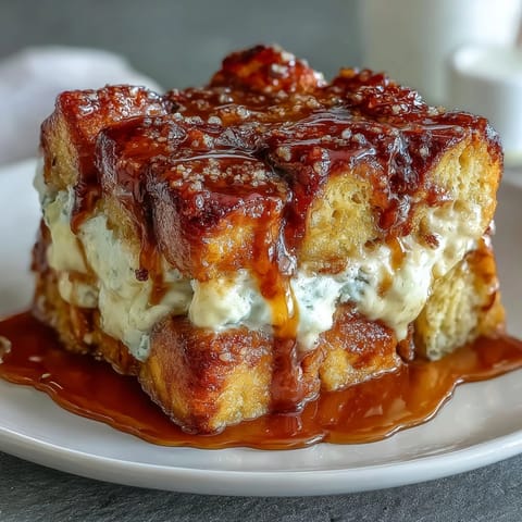 Golden-brown Caramel Cream Cheese French Toast Casserole served warm on a plate, topped with a dollop of whipped cream and fresh berries. 