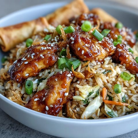 A bowl of homemade Crispy Chicken Fried Rice with scrambled egg ribbons.