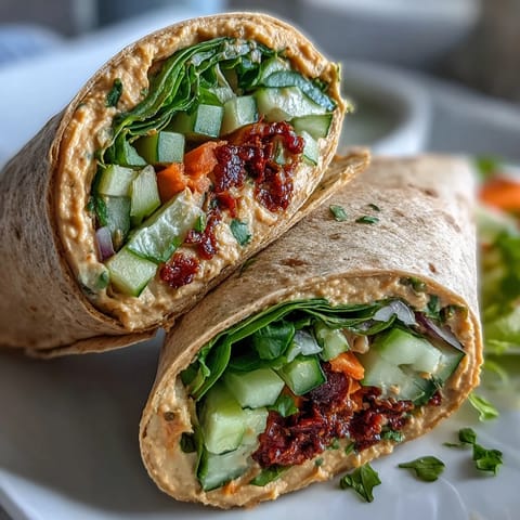 Two vibrant Vegan Sun-Dried Tomato Hummus Veggie Wraps sliced on a wooden board to reveal layers of colorful vegetables.