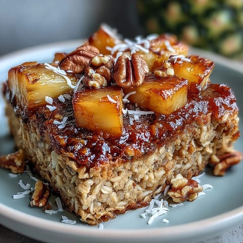 A wholesome vegan breakfast bake featuring oats, banana, and tropical fruits, topped with crunchy coconut flakes and a hint of maple syrup.  