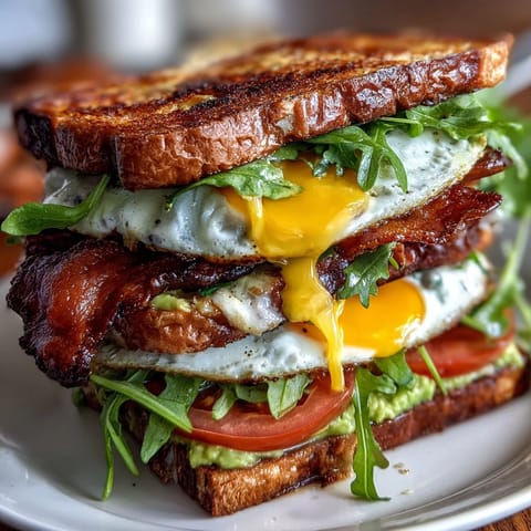 A mouthwatering sourdough avocado BLT breakfast stack topped with a perfectly runny egg and crispy bacon.