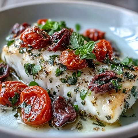 Oven-baked cod fillets topped with juicy cherry tomatoes, Kalamata olives, fresh basil, and parsley in a Mediterranean-style dish.  