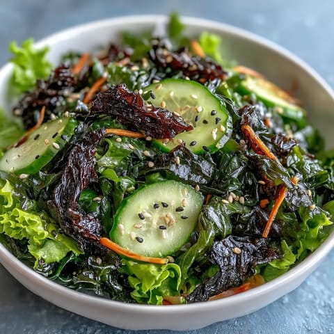 Vibrant seaweed and nori crunchy salad with mixed greens, sesame seeds, and zesty ginger-soy dressing.  