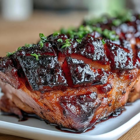 Black currant jam glazed ham with Dijon mustard, caramelized and glossy, perfect for holiday feasts.  