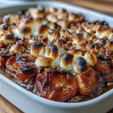 Sweet potato casserole with gooey marshmallows and crunchy pecan topping, perfect for holiday gatherings and festive dinners.  