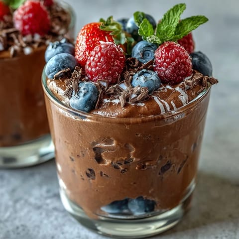 Creamy cottage cheese chocolate mousse topped with vibrant fresh berries and dark chocolate shavings for a healthy dessert.  