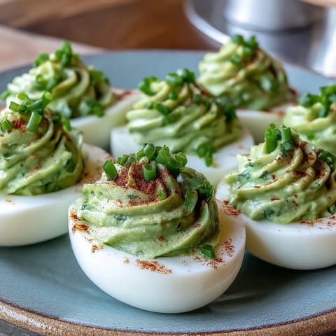 Green deviled eggs with avocado filling, garnished with chives and smoked paprika, arranged on a white platter.  