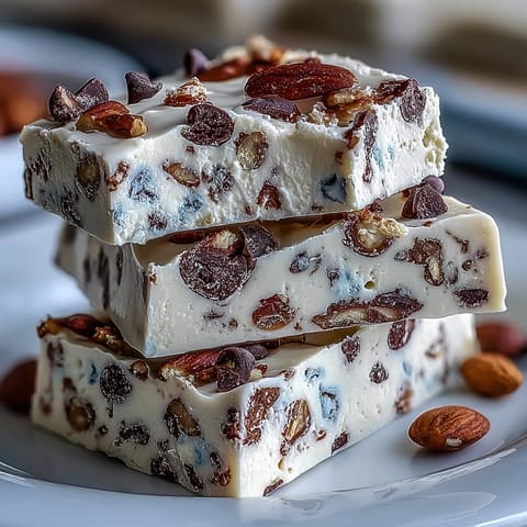 Creamy cottage cheese and Greek yogurt bark studded with chocolate chips for a high-protein, cookie dough-inspired frozen treat.