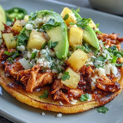 Vibrant tostadas layered with seasoned chicken, fresh pineapple salsa, diced tomato, and jalapeño for a burst of flavor.