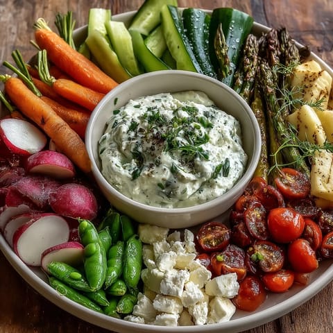 Vibrant spring food board with radishes, peas, and herb dip, perfect for a fresh appetizer spread.