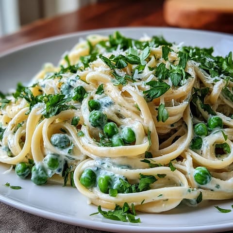 A creamy lemon ricotta pasta with bright green peas, fresh parsley, and Parmesan, perfect for a light vegetarian dinner.