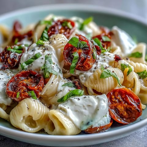 Caprese pasta with burrata cheese, creamy burrata melting over fresh basil and cherry tomatoes, a vibrant summer pasta dish.  