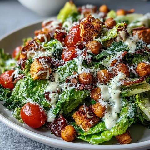 A refreshing Vegan Caesar Salad features creamy dressing and delightful roasted chickpea croutons.