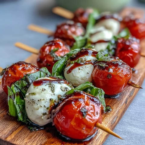 Vibrant Caprese skewers appetizer with juicy tomatoes, mozzarella, and balsamic drizzle.