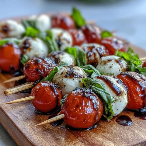 Fresh Caprese skewers appetizer, bursting with basil, ready to be enjoyed.