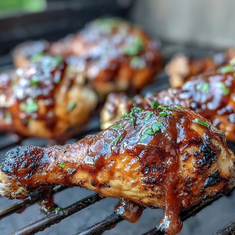 Juicy BBQ chicken drumsticks with spicy peach glaze, perfectly grilled and glistening.