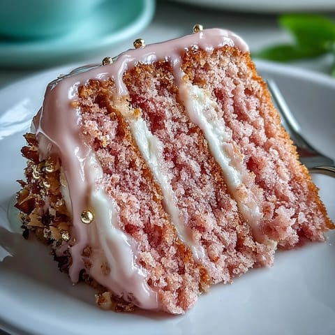 Decadent pink velvet cake, infused with rosé and finished with cream cheese and gold.