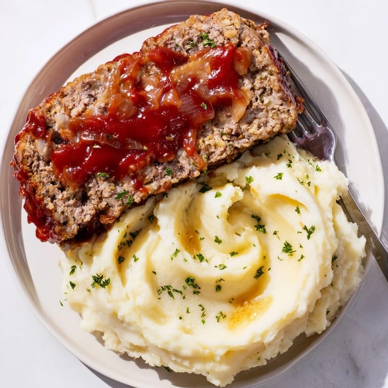 Comforting classic meatloaf recipe: ground beef, pork, glazed, slices with fluffy mashed potatoes.