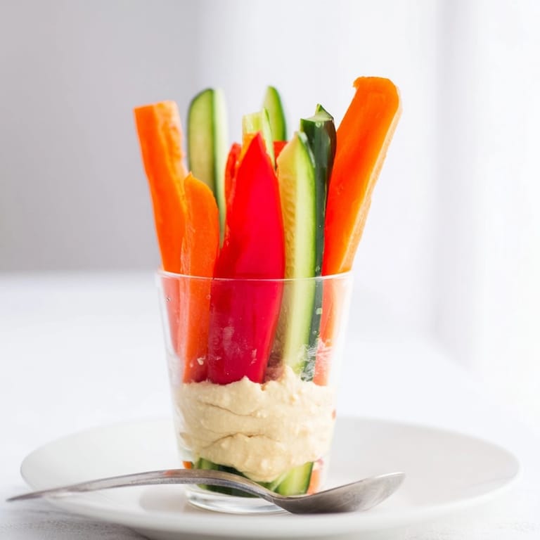 Layered Hummus &amp; Veggie Snack Cups for a refreshing snack, cool dip, visible layers.