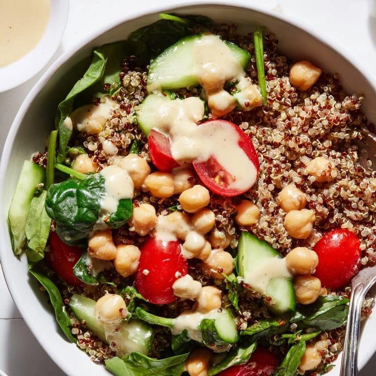 Delicious quinoa power bowls, drizzled with lemon-tahini, ready to enjoy outside.