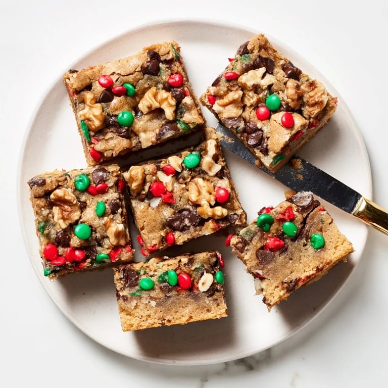 Deliciously chewy festive Christmas cookie chocolate chip bars topped with colorful holiday sprinkles.  