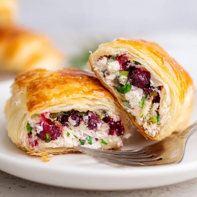 Golden puff pastries with tangy cranberry jalapeño cream cheese, a delightful appetizer.  