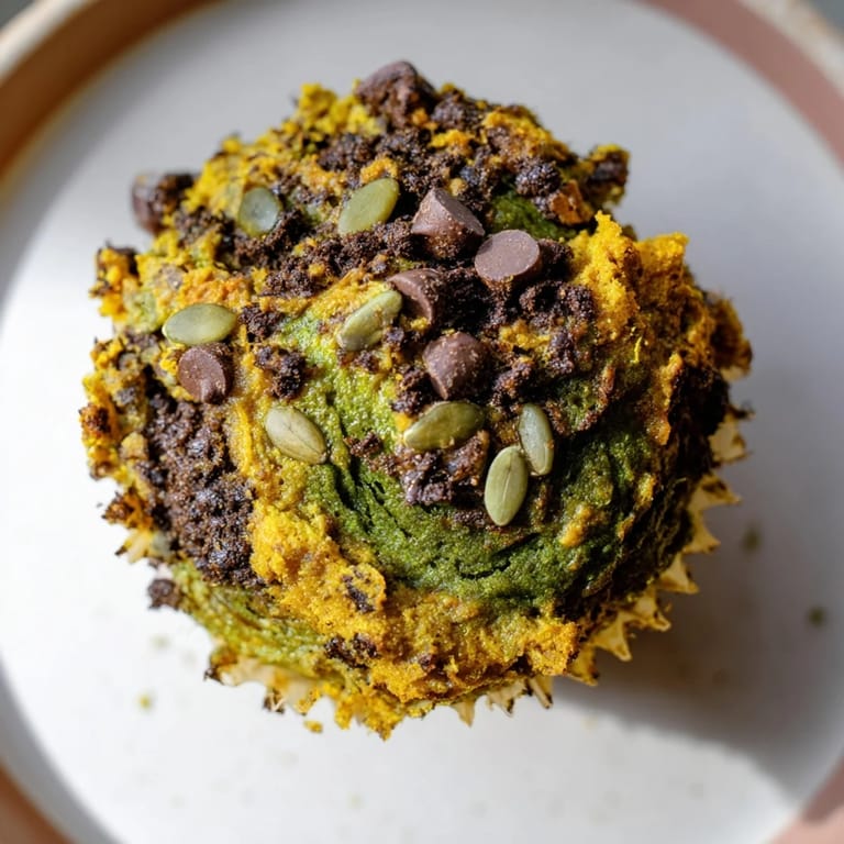 Golden-brown vegan matcha pumpkin muffins served warm, combining earthy flavor and sweetness.