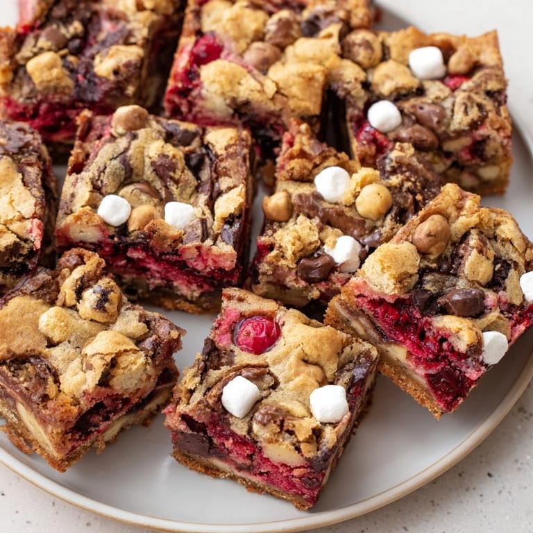 Golden blondie bars infused with cherry soda, graham crackers, and melted chocolate chips.  
