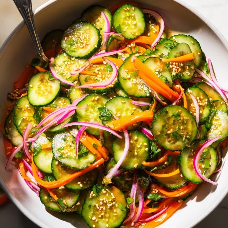 Refreshing cucumber salad remix, topped with toasted sesame seeds for extra crunch.  