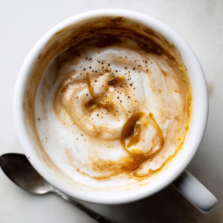 Savory onion latte with caramelized notes, perfect for adventurous coffee lovers.  
