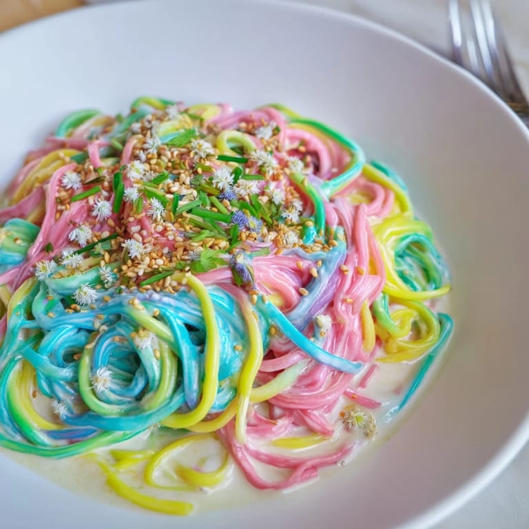 Lively Neon Noodle Cloud topped with scallions and sesame seeds, visually striking and delicious.