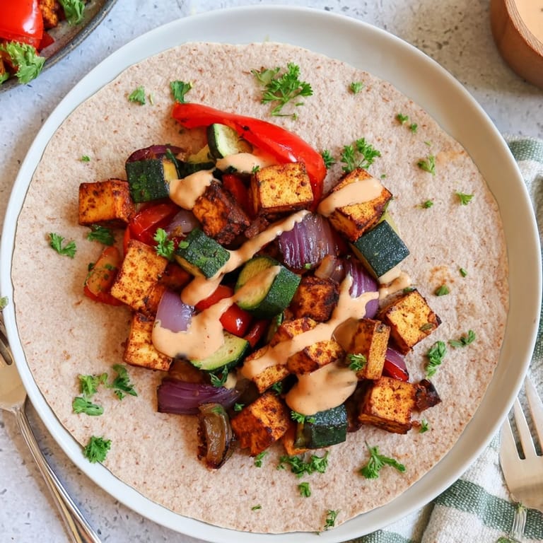 Colorful Vegan Viral Recipe Re-make nestled in warm pita, drizzled with sauce.