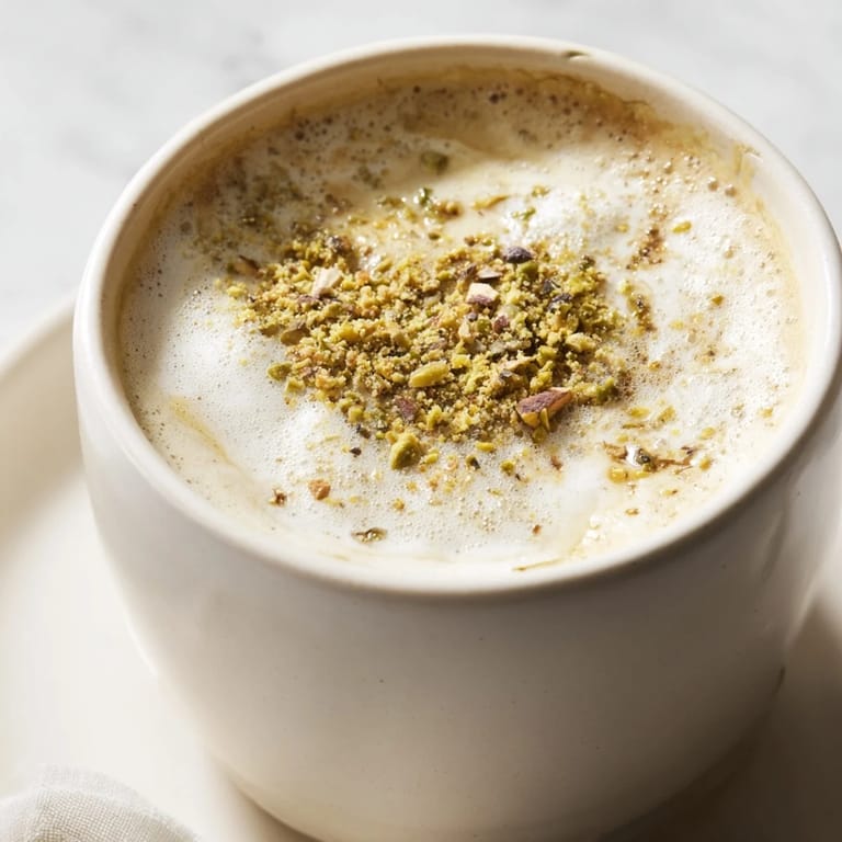 Vibrant pistachio milk latte, garnished with pistachios for a delightful, creamy treat.