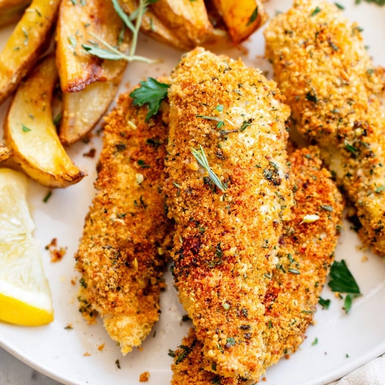 Golden-brown potato wedges alongside fragrant chicken tenders create a delicious meal.  